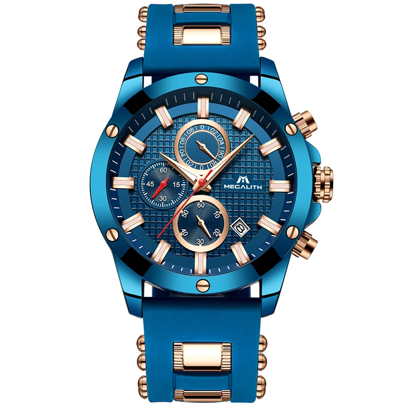 MEGALITH, синие мужские часы, резиновый ремешок, классический таймер, календарь, водонепроницаемый, в клетку, подарок для Mele, кварцевые мужские часы, Reloj De Hombre