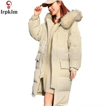 Для женщин зимнее пуховое пальто на белом утином пуху Длинные куртки для женщин утолщенной капюшоном Большой перо воротник над пальто новые LZ927