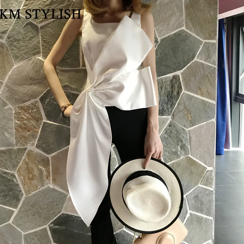

[New Sale] 2017 Spring and Summer New High-end Pure Color Satin Folds Irregular Hem Side Zipper Top Fashion Vest 4 colors