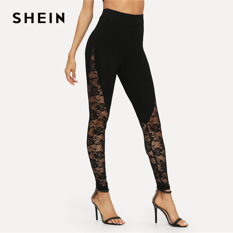 SHEIN Однотонные Легинсы С Кружевными Вставками Сексуальные Ажурными