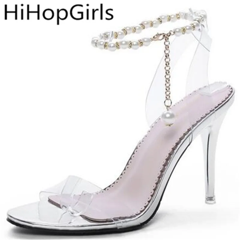 

HiHopGirls New Summer Ladies High Heel Sandals Clear Crystal Stiletto Heels Beaded Banquet Women Shoes Roman Style Buckle Sandal