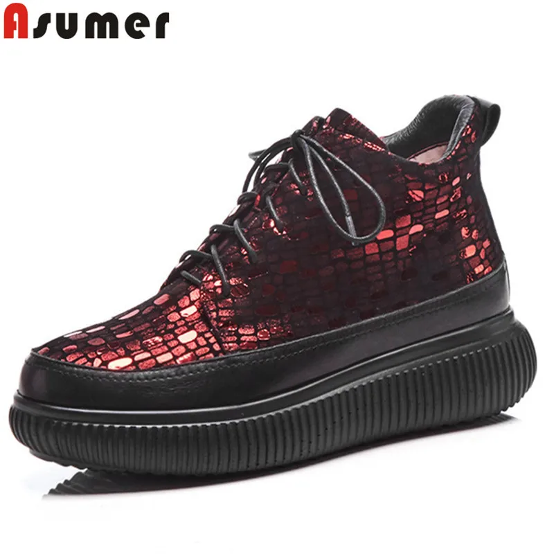 

ASUMER big size 34-42 fashion autumn winter boots women round toe lace up ankle boots platform genuine leather boots