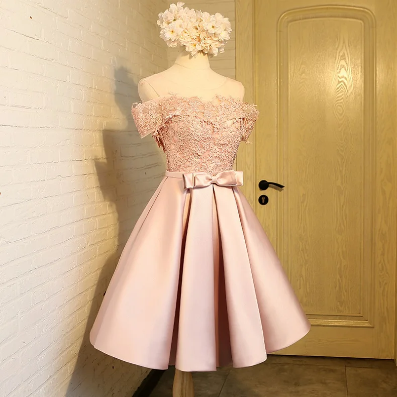 LAMYA Новое короткое платье для выпускного вечера, простое кружевное платье с вырезом лодочкой, официальное вечернее платье, размер на размер, Vestido de Festa Curto - Цвет: Розовый