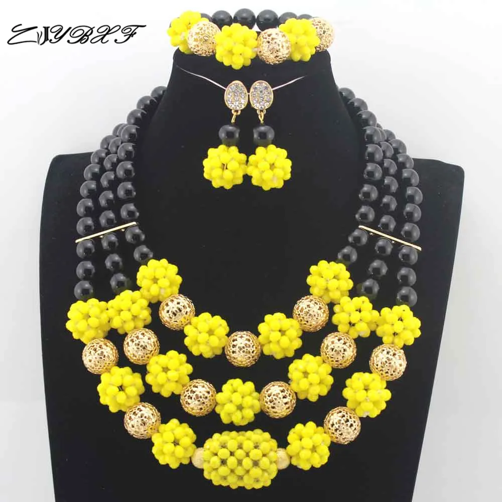 

Yellow !2019 Fashion Handmade African Beads Jewelry Set Costume Nigerian Wedding bridal Yellow Crystal beads Necklace Set L0062