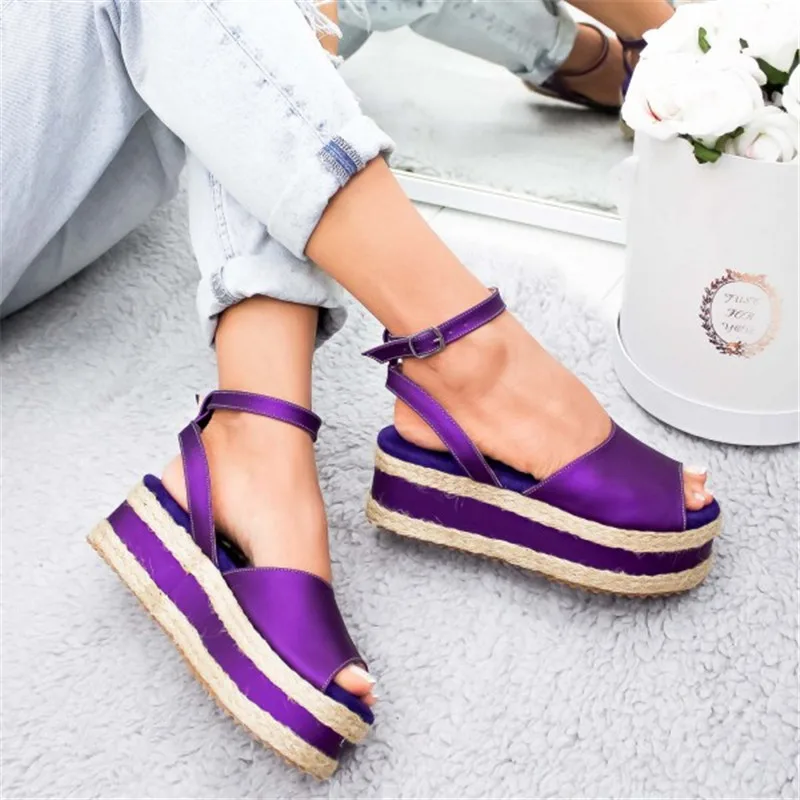 Женские кожаные сандалии; коллекция года; Zapatos De Mujer; повседневные женские сандалии с открытым носком и ремешком на щиколотке - Цвет: purple