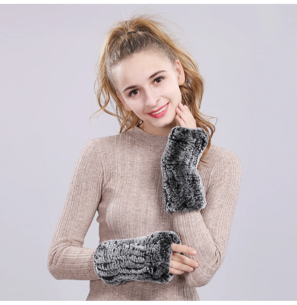 Good Elastic Women Real Genuine Knitted Rex Rabbit Fur Fingerless Gloves Mittens Warm Natural Rex Rabbit Fur Gloves