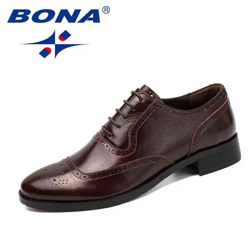 BONA/Новинка; классические стильные мужские Формальные туфли; Мужские модельные туфли из натуральной кожи; Мужская офисная обувь на шнуровке; удобная быстрая - Цвет: DARK BROWN