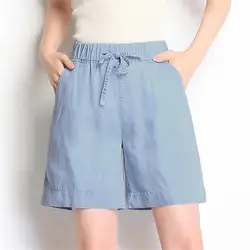Летние женские льняные шорты повседневные с эластичной талией джинсовые однотонные Короткие штаны Свободные OL Большие размеры джинсы для