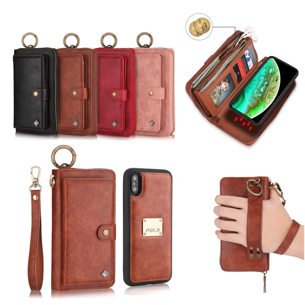 

14 Card Slots Wallets Phone Case with 3 Purses Zipper Leather Hangbag Shell Magnet Back Cover for iPhone 7 8 7p 8p X XR XS MAX