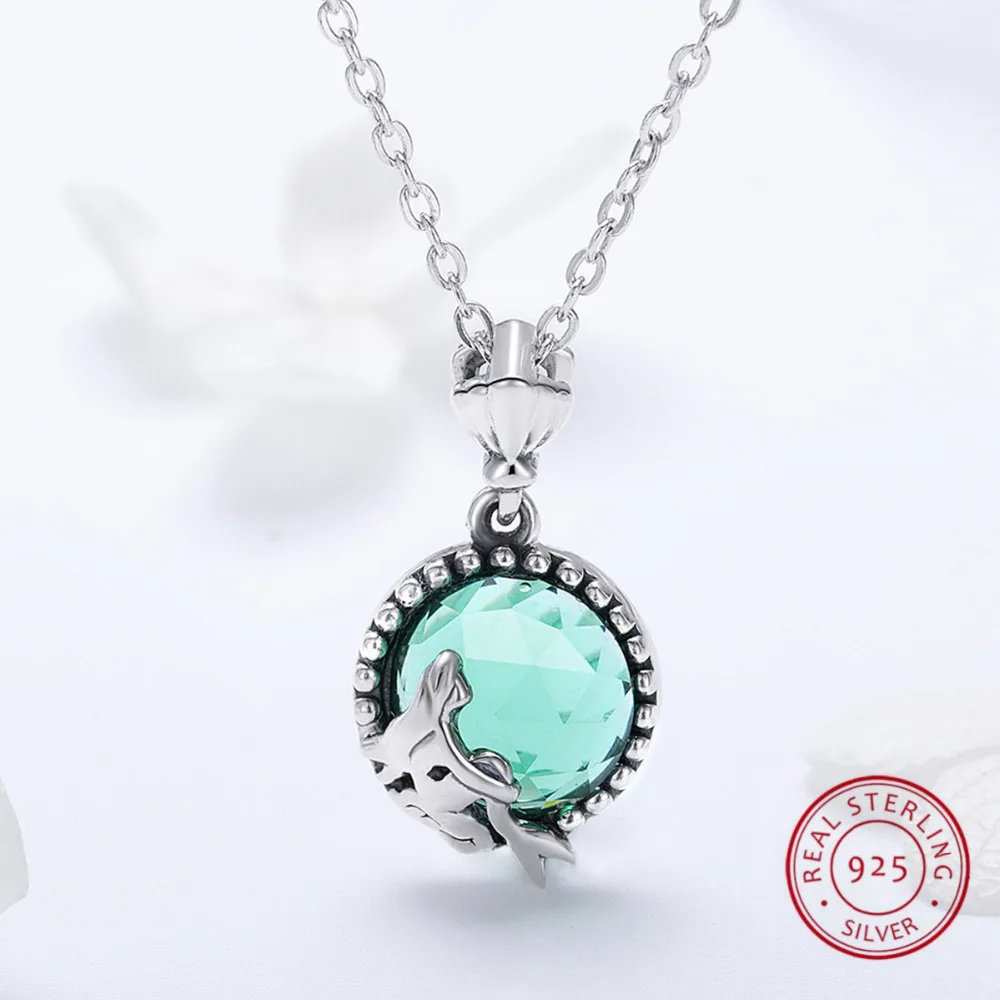 

High Quality 925 Sterling Silver Pendant Necklaces Unique Green Mermaid's Love For Women Female Party Gift