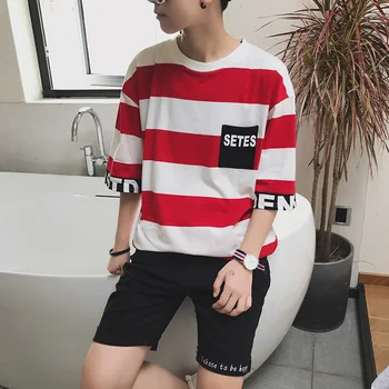 

2019 Summer New Trend Japanese Loose Contrast Color Striped Letters Printed Short-sleeved Large Size Casual T-shirt