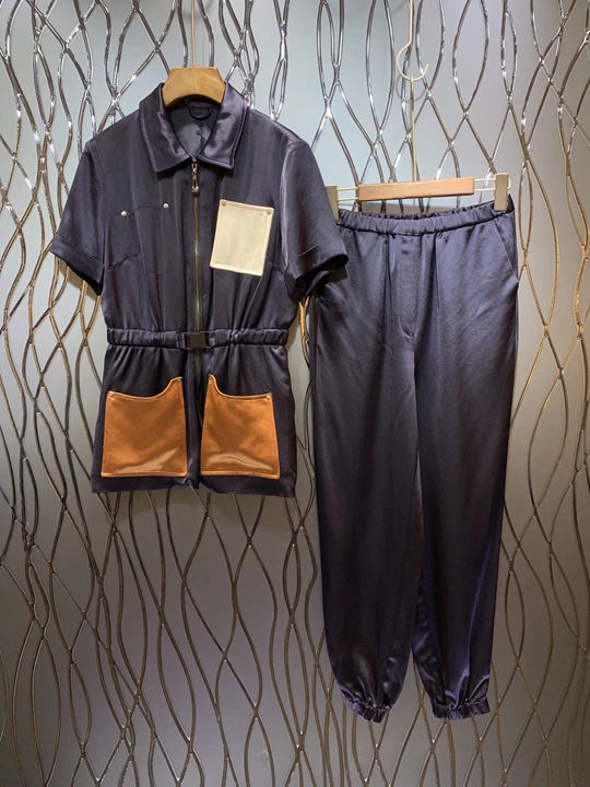 

2019 Summer Dress New Lady's Turn-over Colour Pocket Short Sleeve Top + Loose Trousers Suit 523