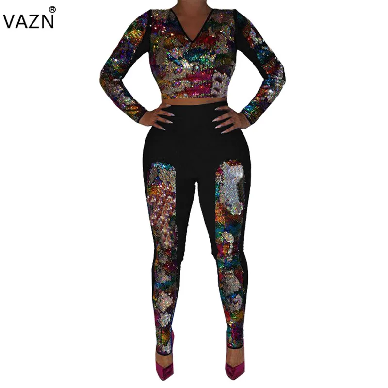 

VAZN Spring 2019 High Quality Casual Women 2-Pieces Print Skinny Jumpauits Lady V-Neck Full Sleeve Sequined Tracksuits QM3596