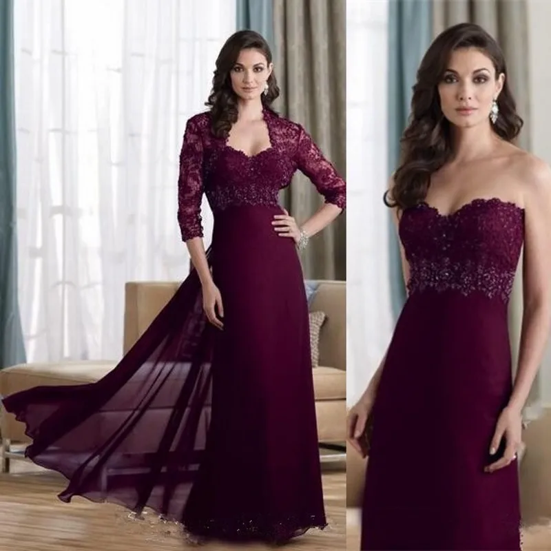 

Elegant Purple Chiffon With Jacket A-Line Mother Of The Bride Dresses 2018 Sweetheart Appliques Lace Beaded Formal Party Gowns