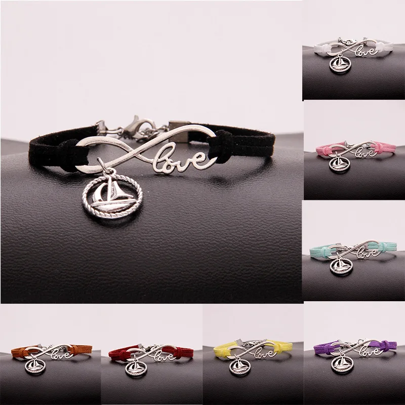 

Hot Sale Ancient Silver Sailboat Infinity Love Charm Hand-woven Korean Velvet Rope Bracelet Wrap Leather Fashion Women Jewelry