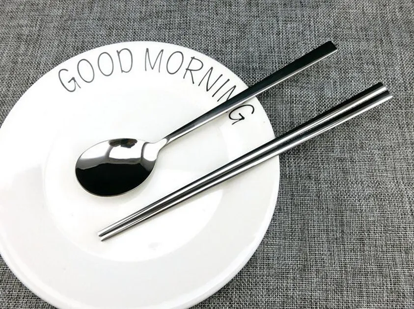 

2 Sets Stainless Steel Chopsticks Spoon Korean Style Tableware Dinnerware Sets Kitchen Dining Bar CANDYKEE