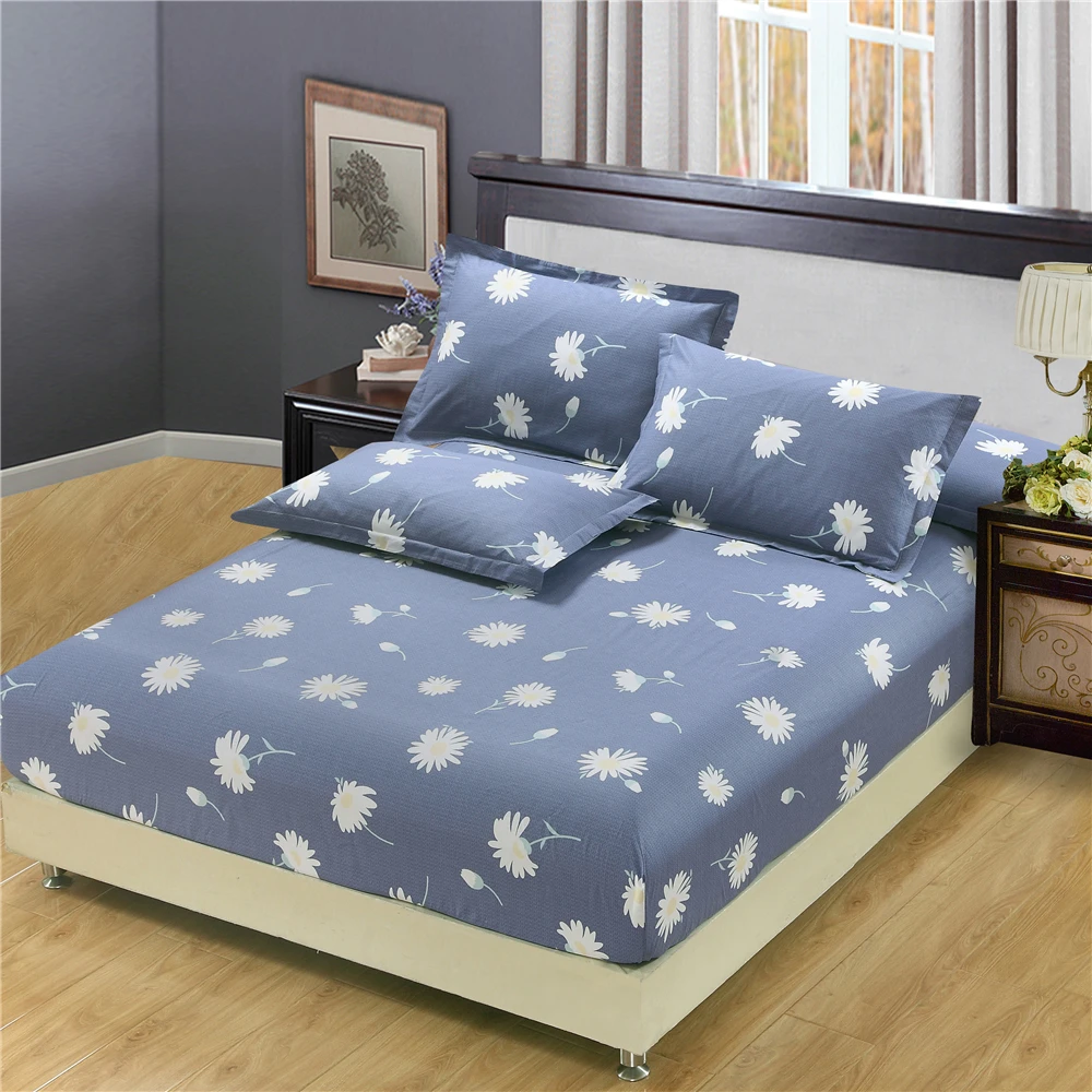 

3Pcs sets Latest Fashion 100%cotton bedding gray flower fitted sheet pillowcase twin queen king size elastic mattress bedspread