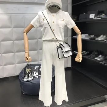 

Summer Women Knit Short Sleeve Knit Trousers 2PCS Sets Golden Button Hollow Out Knitting Tops Wide Leg Pants Suit