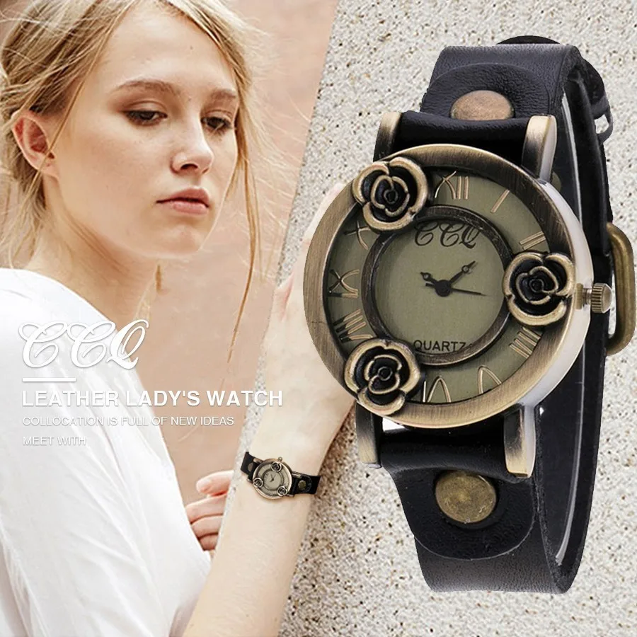 

CCQ Brand Laides Vintage Cow Leather Bracelet Flower Watch Casual Women Wrist Watches Luxury Quartz Watch Relogio Feminino Hot