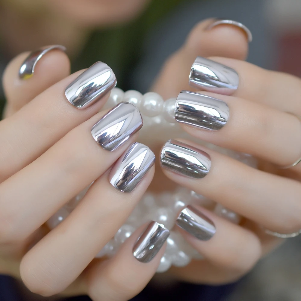 Shiny Punk Style Metallic Light Purple False Fake Nails Metal Plating Acrylic  Short Reflective Mirror Press On Nail Art Tips - False Nails - AliExpress