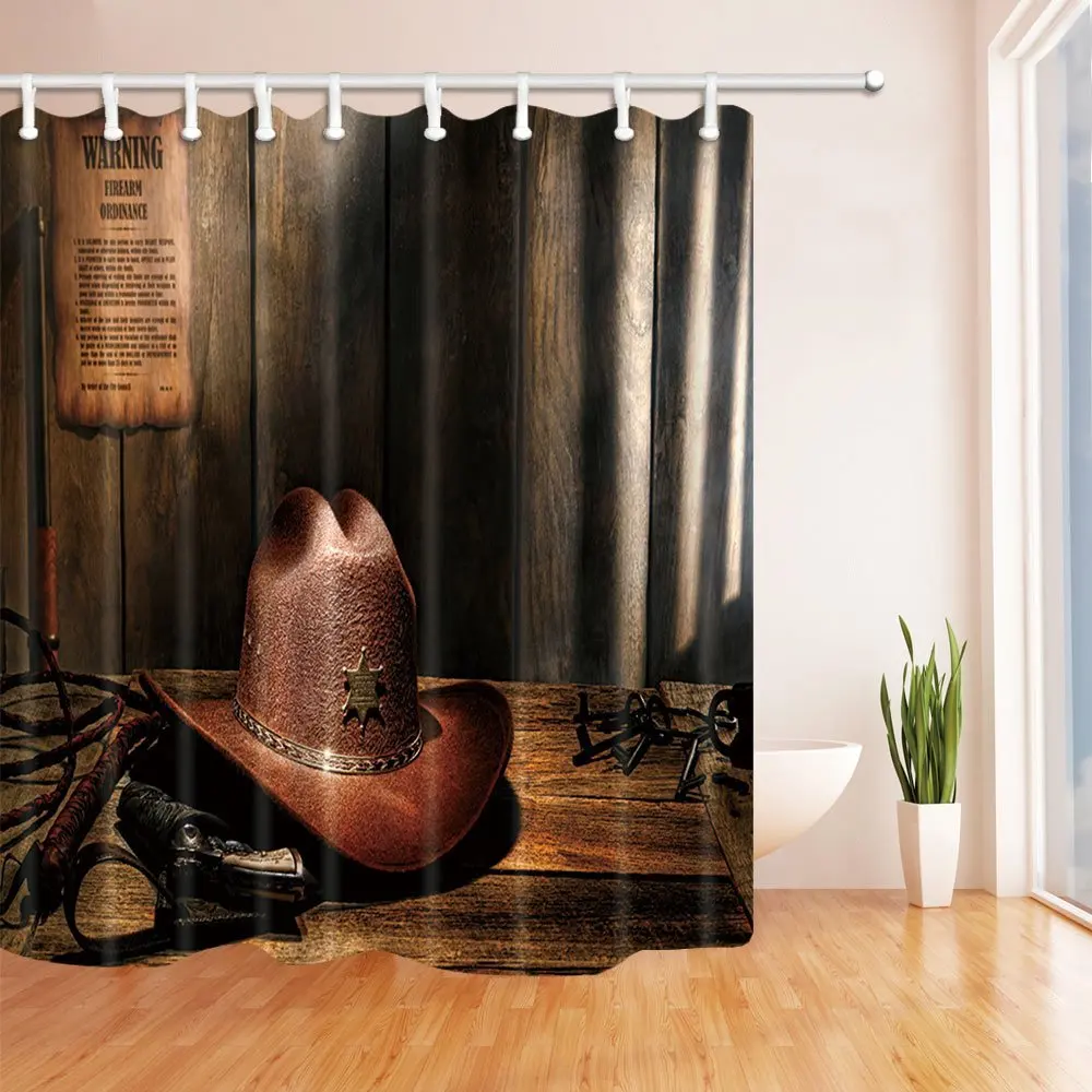 Western Cowboy Shower Curtain Cowhide Hat On The Wooden Rustic