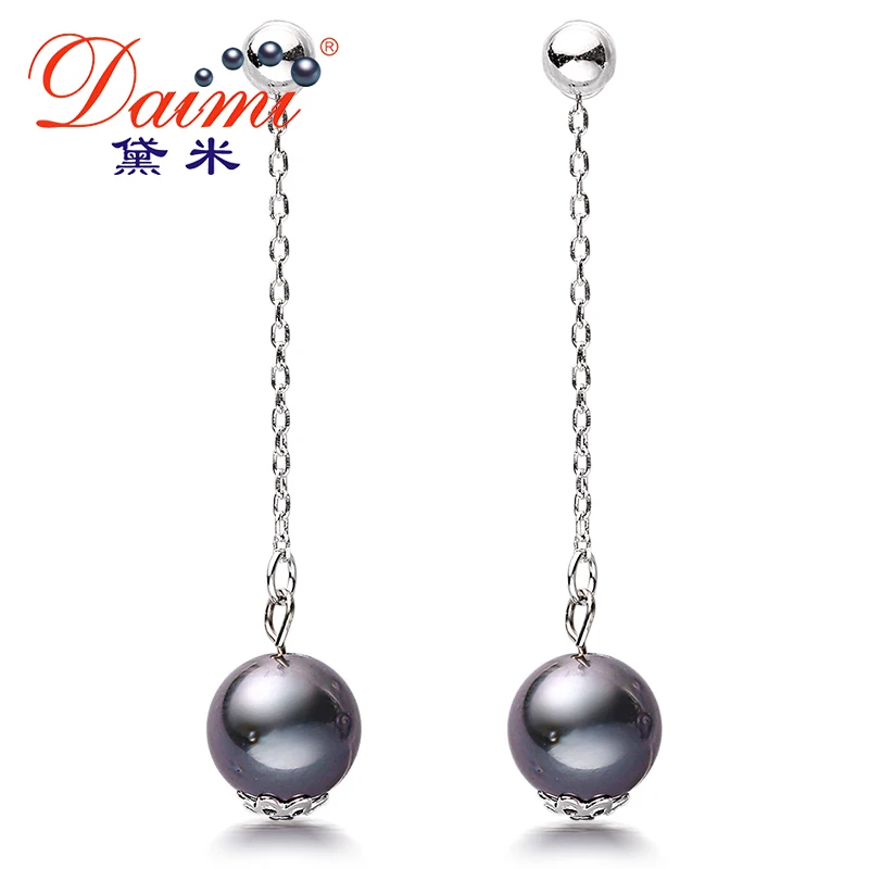 

DAIMI Black Tahitian Pearl Earrings 9-10mm Perfect Round Silver Drop Earrings Fine Jewelry Gift For Women On Sale