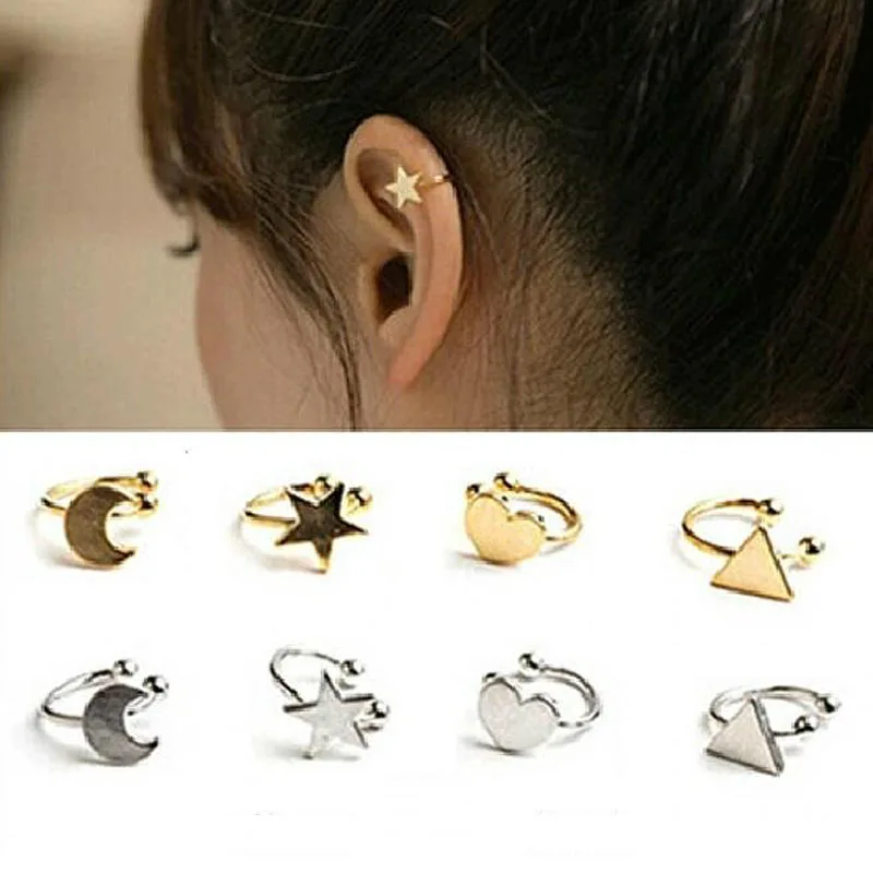 

Delicate Gold Silver Color Moon Star Heart Ear Clip Cuff Earrings For Women Femme Triangle Earrings Jewelry Gift