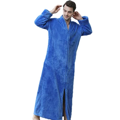 Осенне-зимний мужской женский банный халат большого размера из кораллового флиса для влюбленных, утолщенная длинная фланелевая ночная рубашка, теплое платье для сна - Цвет: sky blue nan l62
