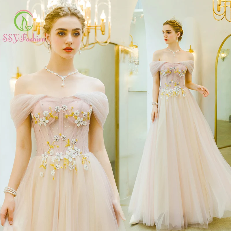 

Elegant Boat Neck Off The Shoulder Lace Up Back Floor Length Long Pink Evening Dress Party Formal Gown