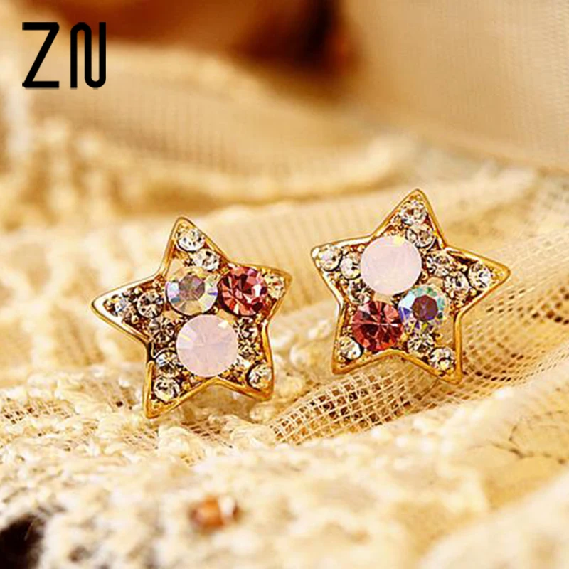 

ZN Fashion Full Rhinestone Five-pointed Star Shaped Colorful Crystal Stud Earrings for Women Jewelry