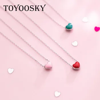 TOYOOSKY 925 Sterling Silver Necklace Women Fashion Cute Tiny Pink Green Red Glaze Heart Pendant Necklaces for Girls Lady