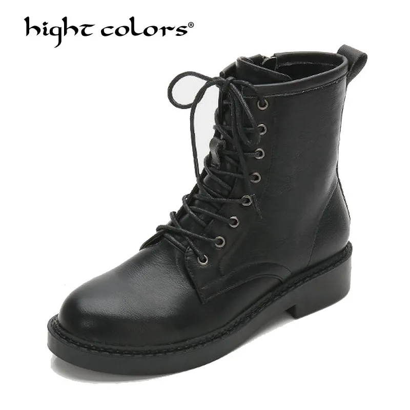 

Women Martin Boots Autumn Winter chelsea Boots Genuine Leather High Boots Unisex Square Heel Flat Round Toe Student shoes 116