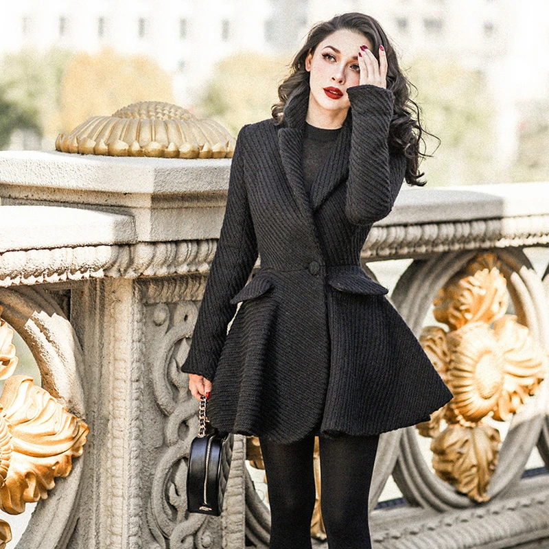 Abrigo ajustado de punto de lana para mujer, Chaqueta larga de talla grande, estilo vintage los años 50, color 30|Lana y mezclas| -