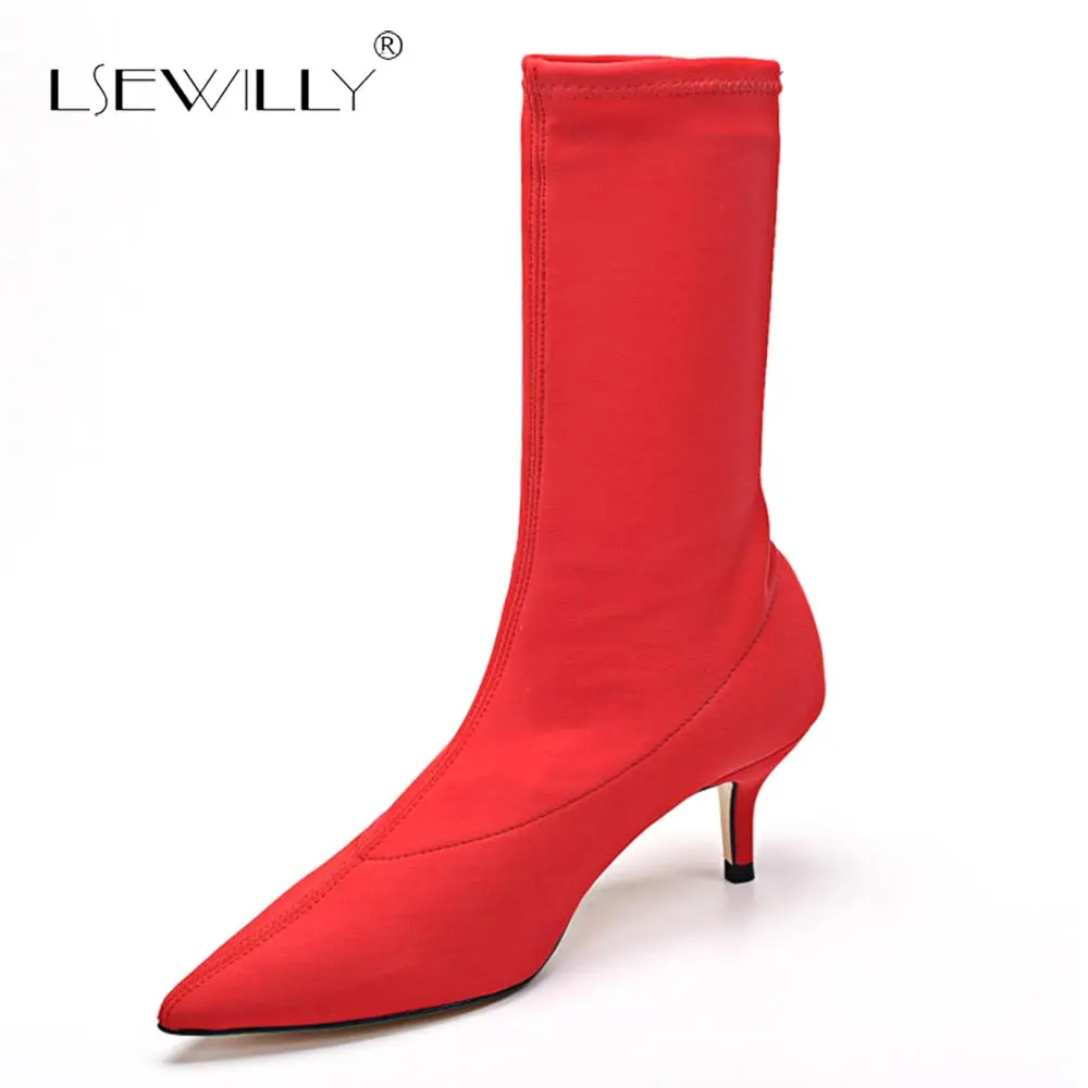 

Lsewilly New Women Sock Boots Pointed Toe Elastic Boots Slip On High Heel Ankle Boots Yellow Women Pumps Stiletto Botas S680