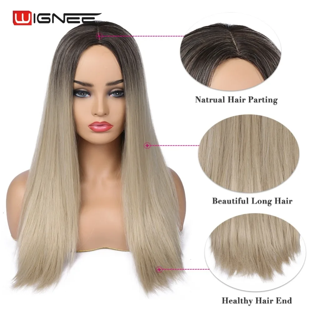 Wignee новые длинные прямые волосы синтетический парик для женщин высокая плотность температура Омбре светильник блонд/розовый/Жук натуральные волосы парик