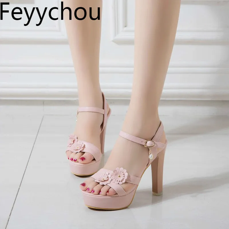 Women Sandals Super High Heel Beach Shoes Summer Pu Flower Buckle Peep