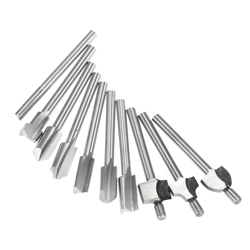 

10PCS HSS Shank 1/8" Woodworking Mini Router Bits Set Wood Cutter Milling Bit for Rotary Tool Wood Plastic Deburring Milling