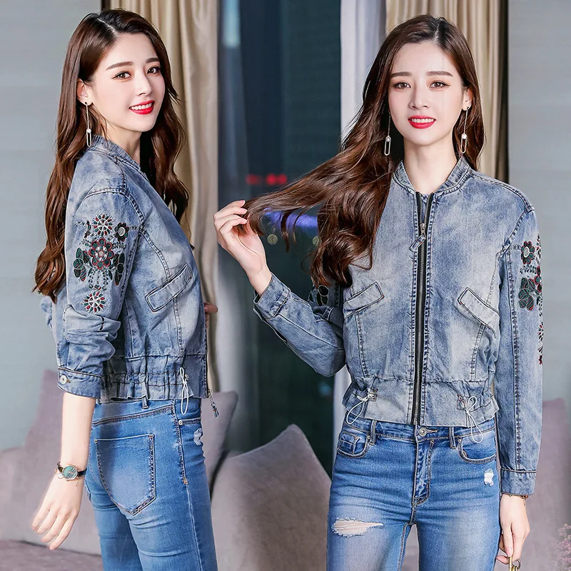 

New Style Fashion Korean Women Short Type Long Sleeve Zipper Loose Baseball Coats Jeans Denim Jackets