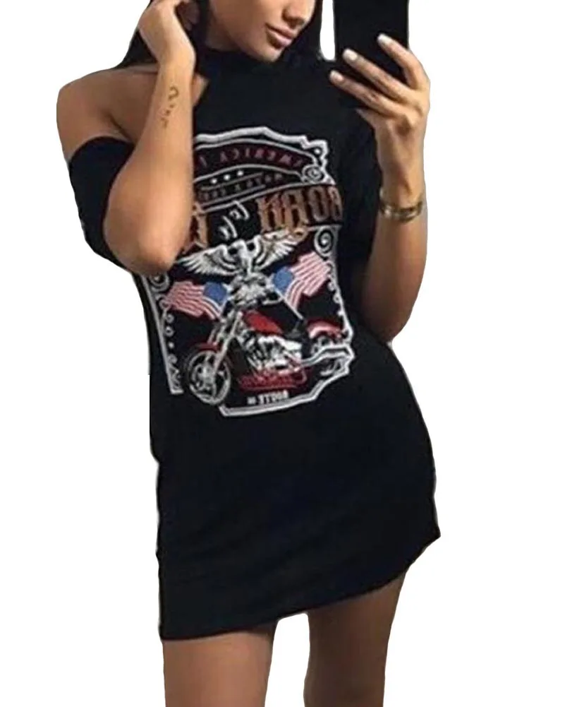 Женское мини платье на одно плечо с принтом черепа Орла и мотоцикла|mini dress|dress