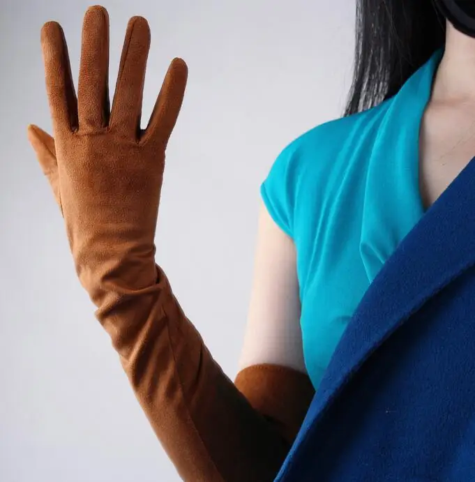 Женские Модные Элегантные Кожаные Перчатки из искусственной замши, женские Вечерние перчатки коричневого цвета, длинные перчатки для вождения 70 см R645