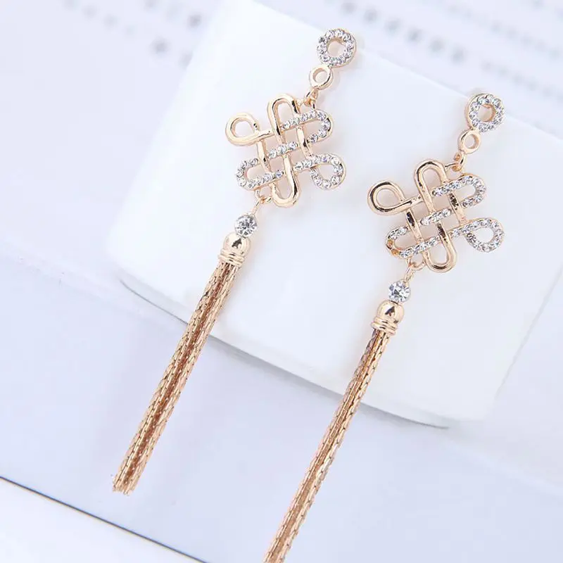 

Fashion Women Jewelry Metal Personality Crystal Geometric Long Tassel Earrings
