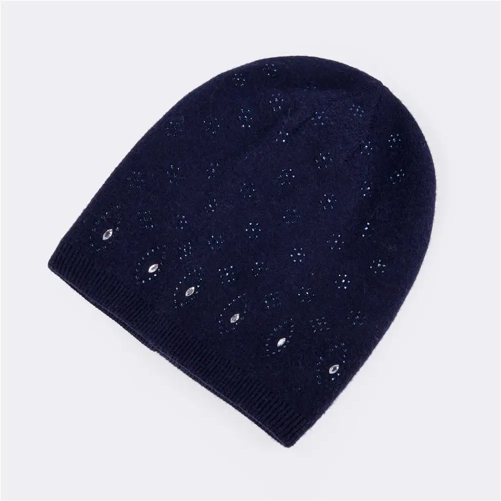 COKK шерстяные зимние шапки бини для женщин Skullies Beanies Hat для женщин Стразы цветок вязаная шапка для девочек чулок шапка женский чепчик - Цвет: Blue