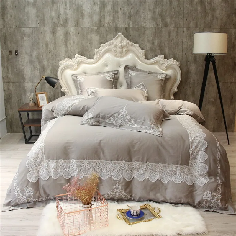 

Gray Embroidery Bedding Sets 4Pcs Queen King Size egyptian Cotton Bedlinens lace Duvet Cover Sets Pillow Cases