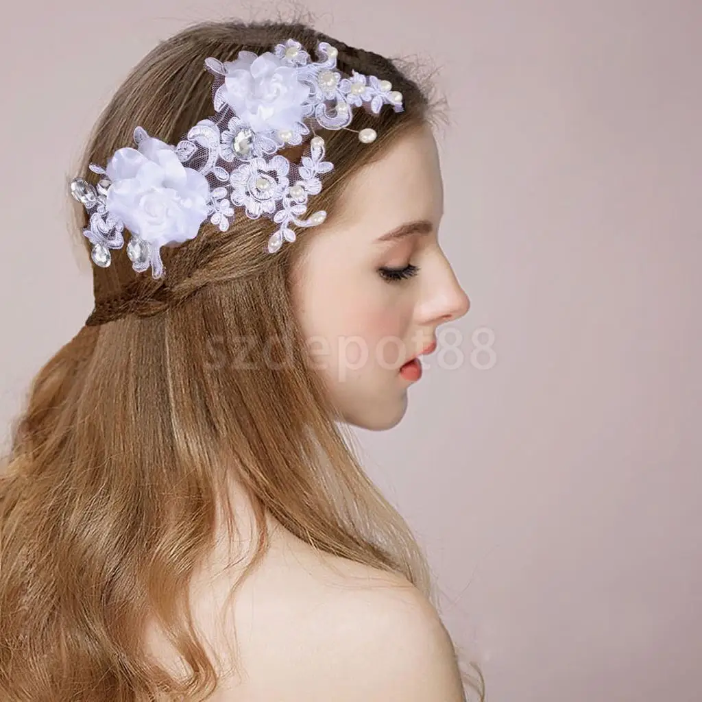 

Bridal Wedding Lace Headband Pearl Rhinestone Flower Hair Jewelry Headpiece Women