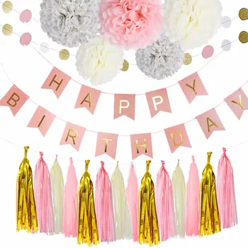

Birthday Party Set Paper Flower Ball Paper String Paper Tassel Pink and Gold Birthday Decorations with Happy Birthday Banner