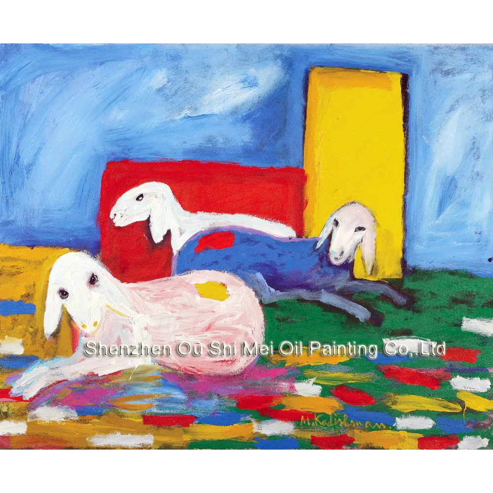 

Imitation Paintings Menashe Kadishman Artwork Painting for Room Decor Hand painted Three Lying Sheep Animals Canvas Painting