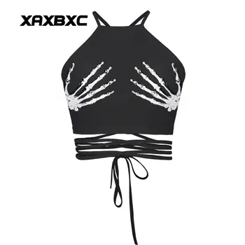 

XAXBXC 013 Summer Sexy Girl Vest Tank Tops Skull ghoul hand Prints Slim Fitness Cross Bandage Strap Women Cropped Tops