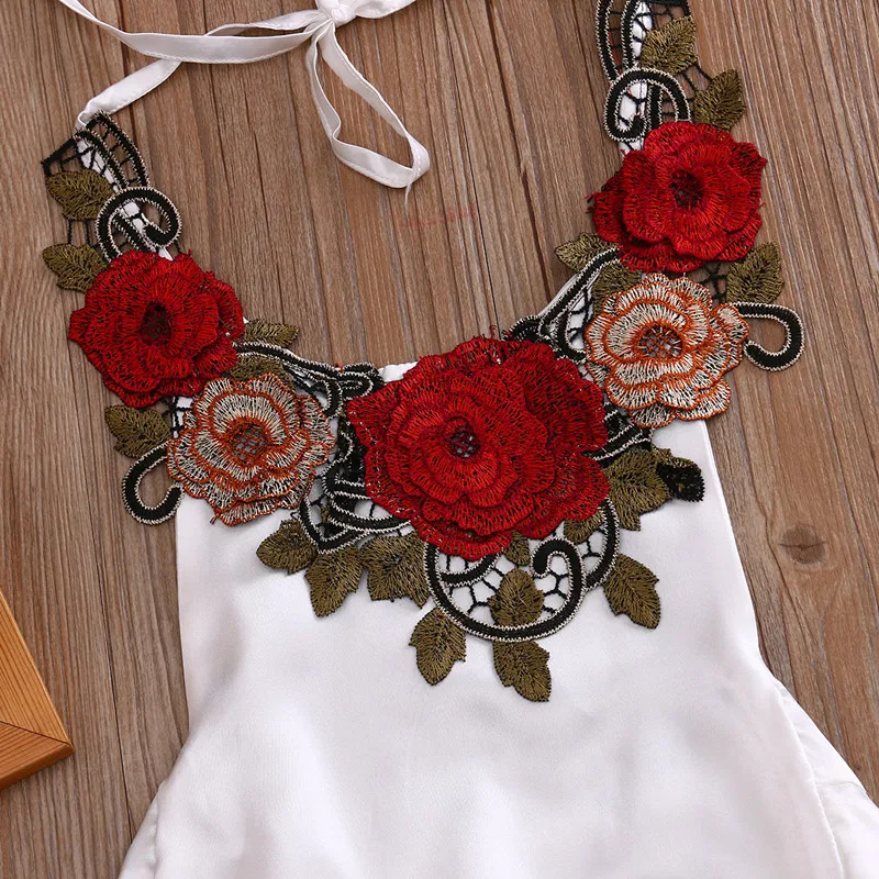 Summer Baby Clothes Big Flower Embroider Ruffle Baby Girls Bodysuit Halter Soft Satin Baby Girls Outfit Floral Kids Clothes  (6)