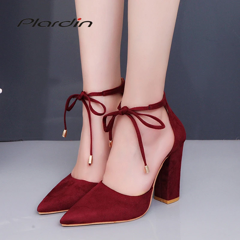 

Plardin 7 Colors Pointed Strappy Pumps Sexy Retro High Thick Heels Shoes 2108 New Woman Shoes Female Lace Up Shoes Woman Sandals