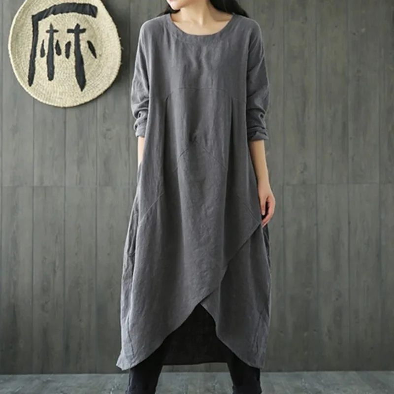 

[EWQ] Loose Round Neck Full Sleeve Cotton Linen Women Dress 2019 New Fashion Asymmetry Personality Long Section Clothes BD324